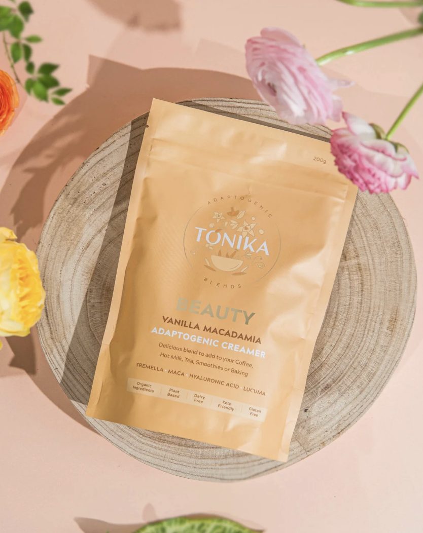 Tonika adaptogenic creamer pouch styled with flowers
